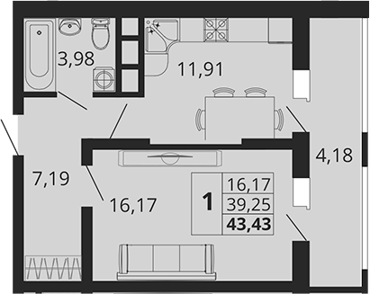 1-комн., 39.25 м², 16/18 этаж, ЖК «Родные Просторы»
