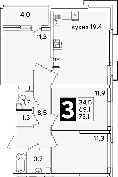 Продается 4-комн. квартира, 69.1 м²