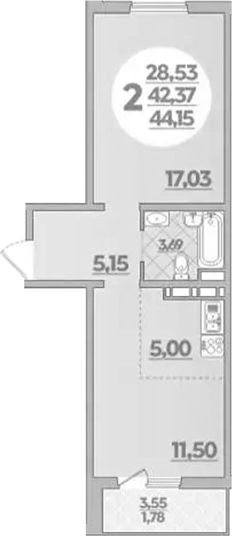 1-комн., 42.37 м², 7/8 этаж, ЖК «Молодежный 2»