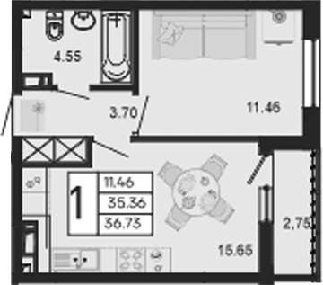 1-комн., 35.36 м², 9/9 этаж, ЖК «Дом 101»