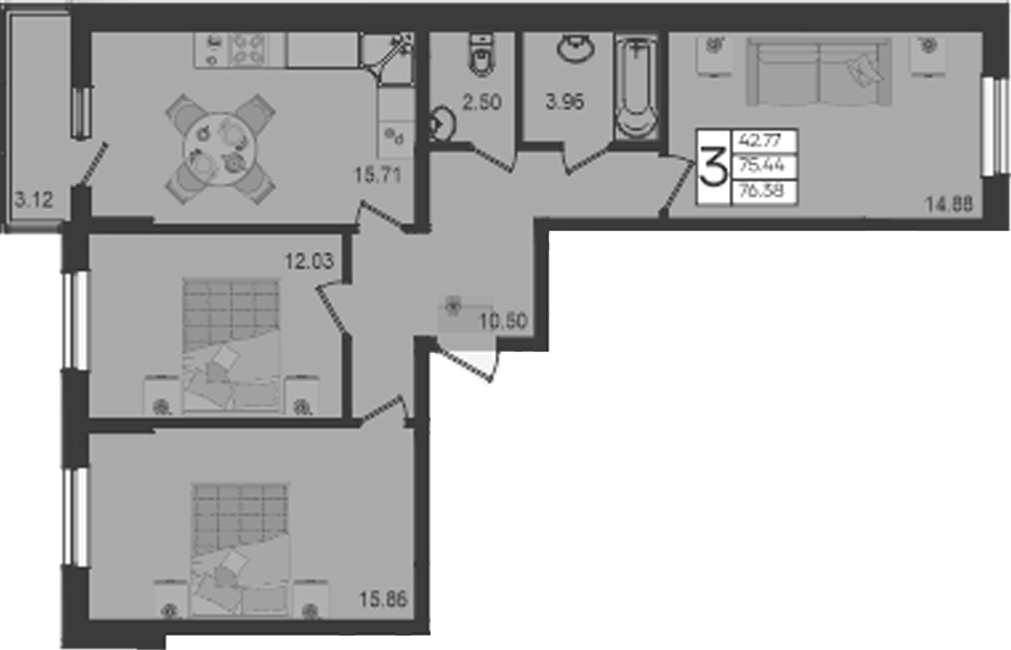 3-комн., 75.44 м², 2/9 этаж, ЖК «Дом 101»