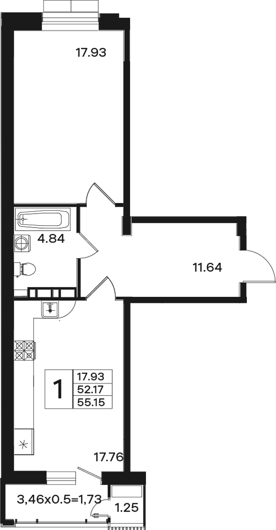 Продается 1-комн. квартира, 52.17 м²