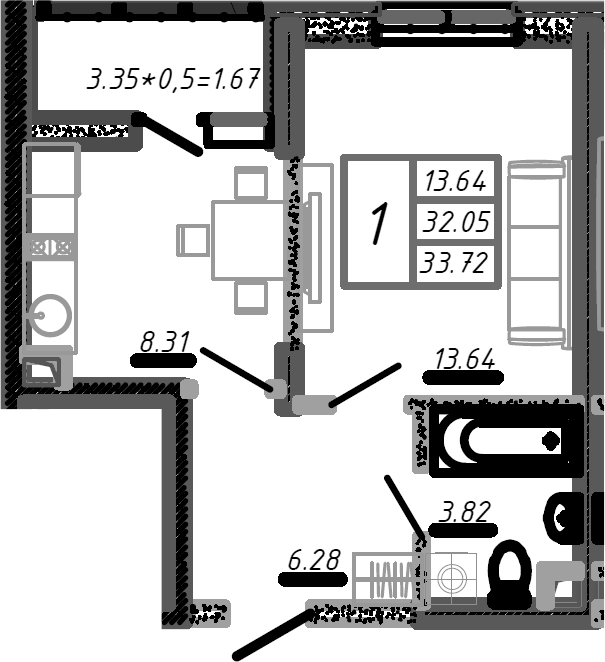 1-комн., 32.05 м², 18/18 этаж, ЖК «Родные Просторы»
