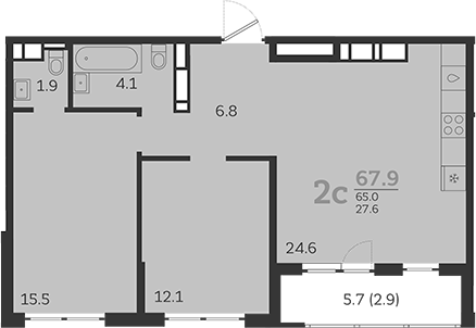 3-комн., 63.7 м², 24/24 этаж, ЖК «Все Свои VIP»