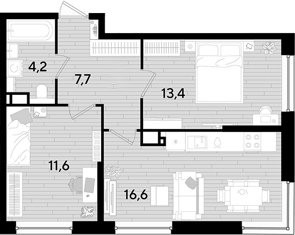 2-комн., 53.5 м², 11/16 этаж, ЖК «DОГМА ПАРК»