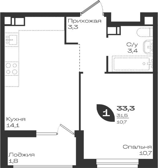 1-комн., 31.5 м², 9/9 этаж, ЖК «Ботаника»