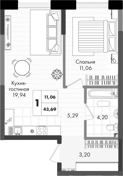 2-комн., 43.69 м², 6/9 этаж, ЖК «Зеленая территория»