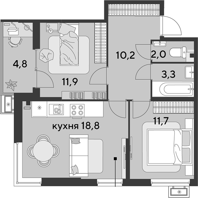 3-комн., 57.9 м², 2/9 этаж, ЖК «Парк Победы»