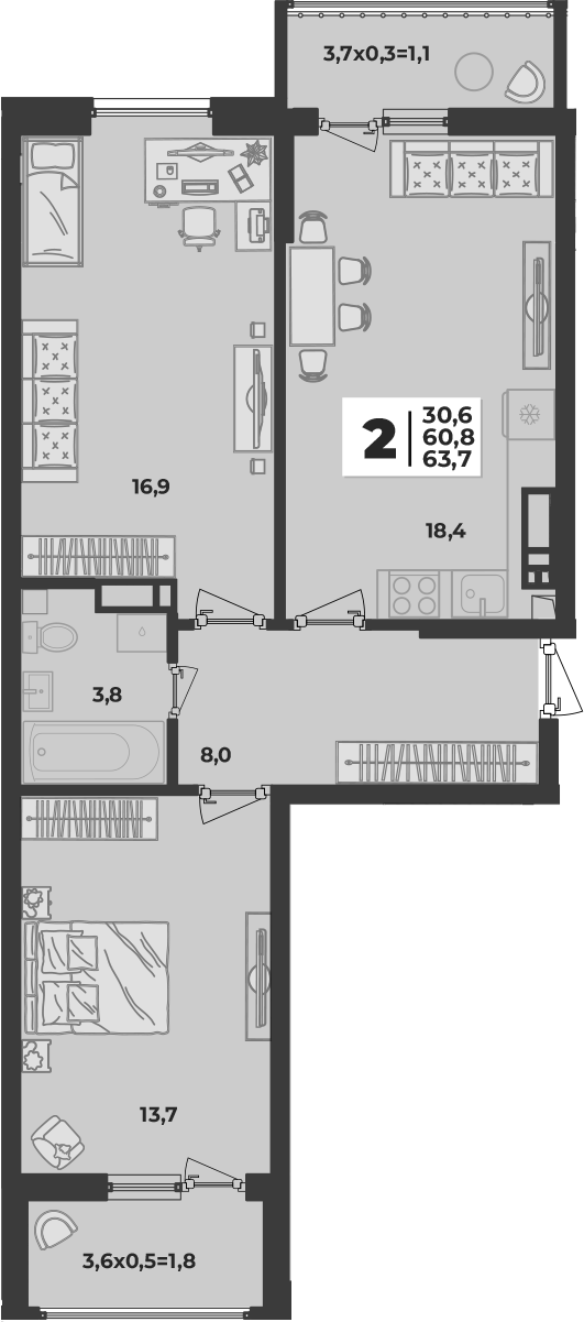3-комн., 60.8 м², 2/9 этаж, ЖК «Лето»