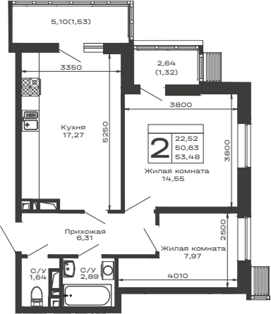 2-комн., 50.63 м², 16/16 этаж, ЖК «Долина»