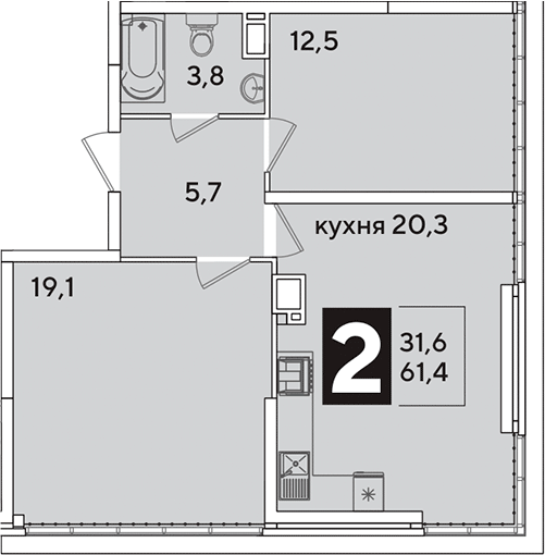 3-комн., 61.4 м², 16/16 этаж, ЖК «Самолет»