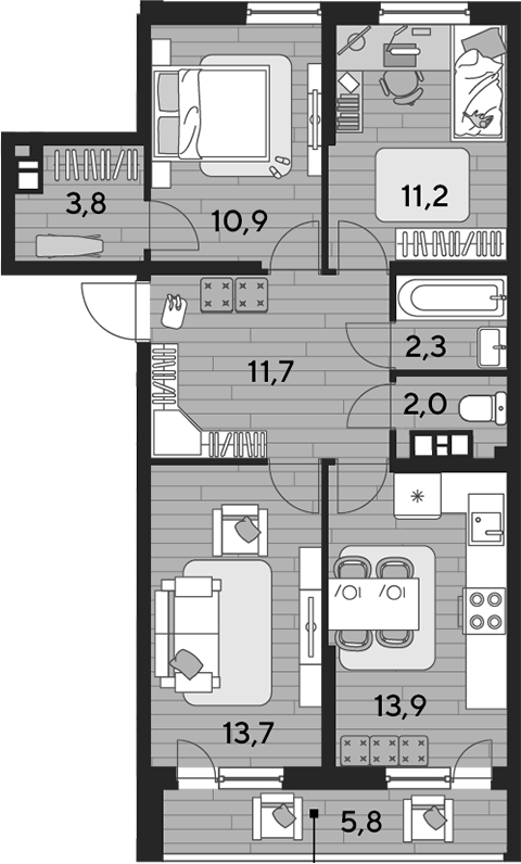 3-комн., 69.5 м², 6/16 этаж, ЖК «DОГМА ПАРК»