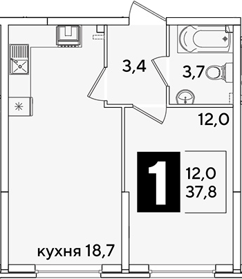 2-комн., 37.8 м², 2/16 этаж, ЖК «Самолет»