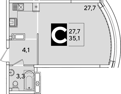 Студия, 35.1 м², 15/16 этаж, ЖК «Самолет»