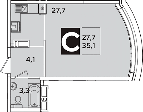 Студия, 35.1 м², 10/16 этаж, ЖК «Самолет»