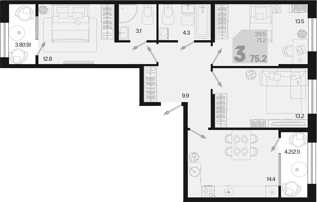 Продается 3-комн. квартира, 71.2 м²