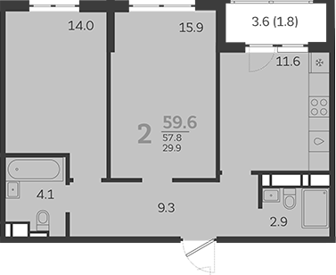 2-комн., 57.8 м², 6/24 этаж, ЖК «Все Свои VIP»