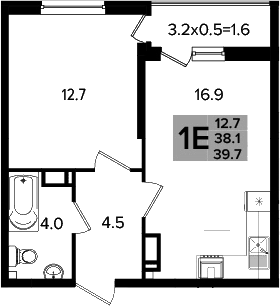 2-комн., 38.1 м², 16/16 этаж, ЖК «Сармат»