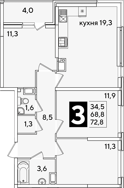 Продается 4-комн. квартира, 68.8 м²
