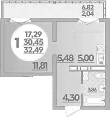 1-комн., 30.45 м², 6/16 этаж, ЖК «Город у моря»