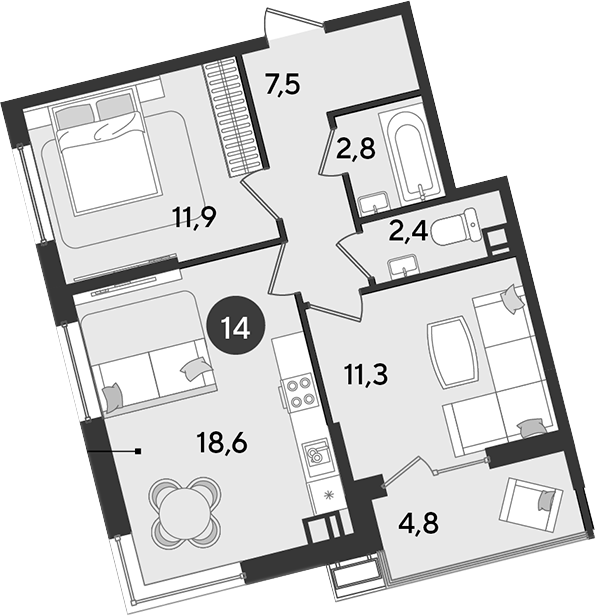 3-комн., 54.5 м², 5/16 этаж, ЖК «Парк Победы»