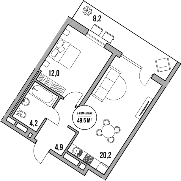 2-комн., 41.3 м², 2/5 этаж, ЖК «МореТут»