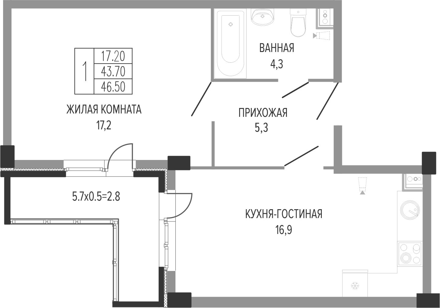 2-комн., 45.02 м², 1/7 этаж, ЖК «Екатерининский парк»