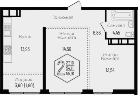 2-комн., 53.6 м², 19/24 этаж, ЖК «Гарантия PRIME»