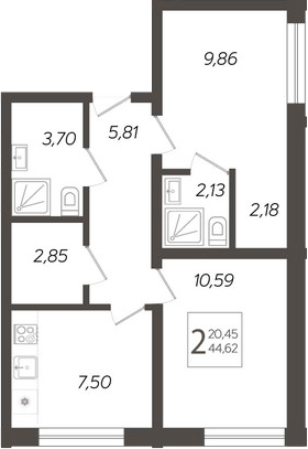 2-комн., 44.62 м², 1/19 этаж, ЖК «Кислород»
