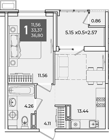 1-комн., 33.37 м², 16/18 этаж, ЖК «Образцово»