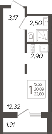 Студия, 20.89 м², 14/19 этаж, ЖК «Кислород»