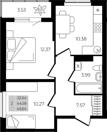 Продается 2-комн. квартира, 44.58 м²