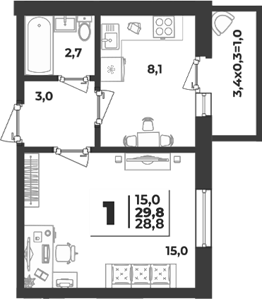 1-комн., 28.8 м², 5/5 этаж, ЖК «Дарград»