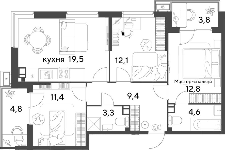 4+ комнаты, 73.1 м², 9/9 этаж, ЖК «Парк Победы»