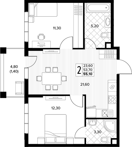 Продается 2-комн. квартира, 53.7 м²