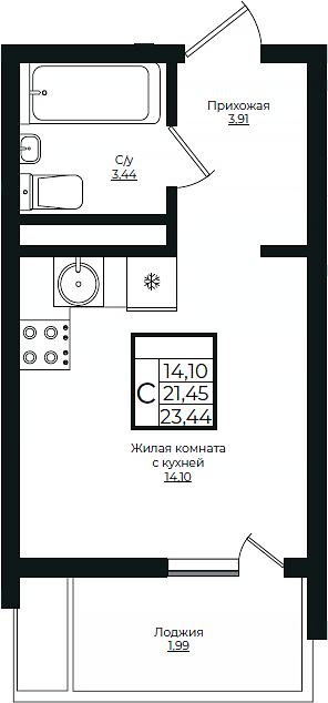 Студия, 21.45 м², 10/10 этаж, ЖК «Европа-Сити»