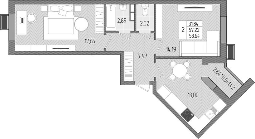 2-комн., 57.22 м², 2/8 этаж, ЖК «Сады у моря»