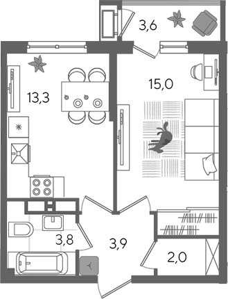 1-комн., 38 м², 15/24 этаж, ЖК «Рекорд»