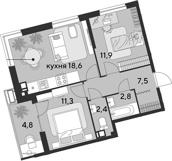 3-комн., 54.5 м², 5/18 этаж, ЖК «Парк Победы»