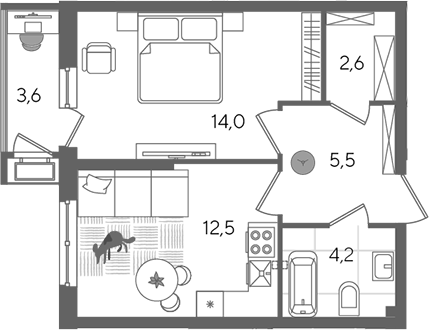 1-комн., 38.8 м², 2/24 этаж, ЖК «Рекорд»