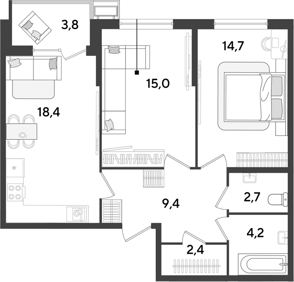 3-комн., 66.8 м², 2/9 этаж, ЖК «Парк Победы»