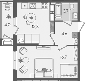 1-комн., 37.3 м², 17/24 этаж, ЖК «Рекорд»
