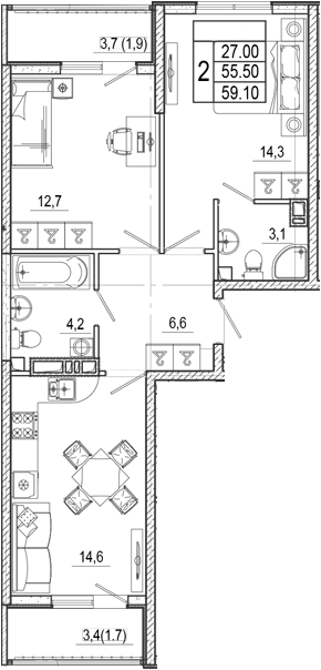 2-комн., 55.5 м², 17/17 этаж, ЖК «Лестория»