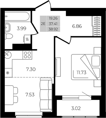 2-комн., 37.41 м², 6/8 этаж, ЖК «Курортный регион»