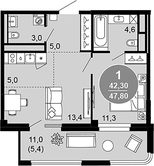 2-комн., 42.4 м², 2/6 этаж, ЖК «Клубный дом премиум класса Моретта»