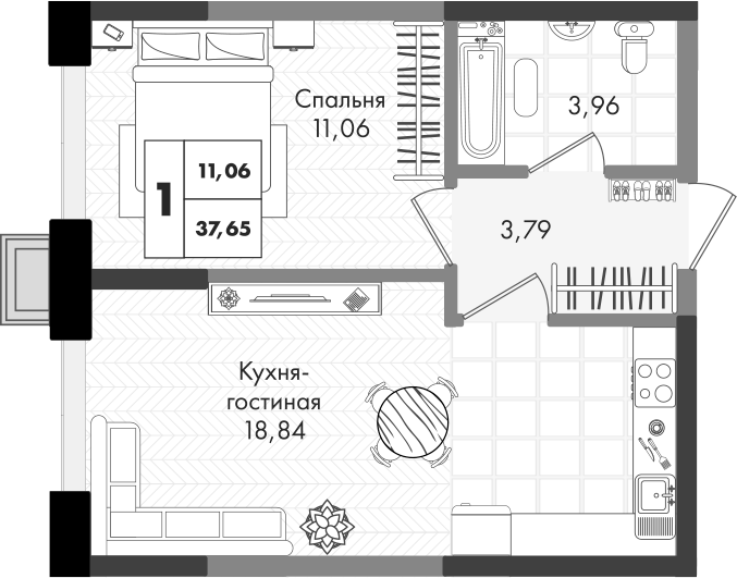 2-комн., 37.65 м², 8/9 этаж, ЖК «Зеленая территория»