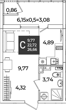Студия, 22.72 м², 17/18 этаж, ЖК «Образцово»
