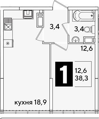 2-комн., 38.3 м², 16/16 этаж, ЖК «Самолет»