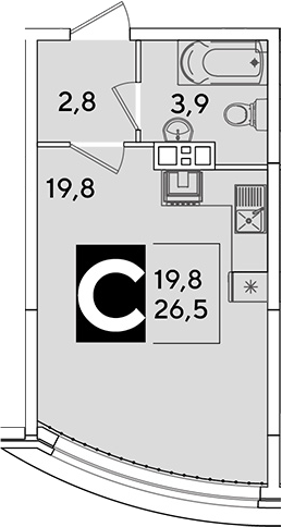 Студия, 26.5 м², 3/16 этаж, ЖК «Самолет»