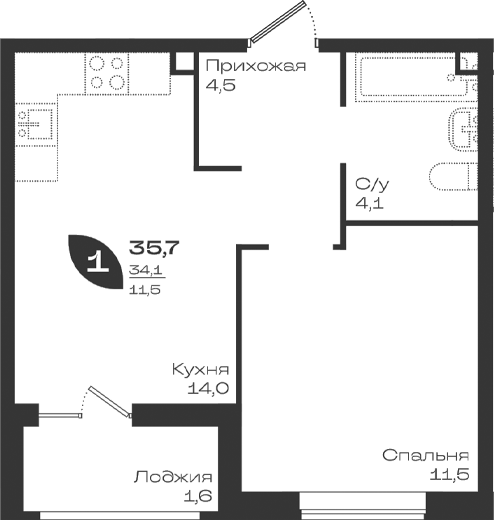 Продается 1-комн. квартира, 34.1 м²